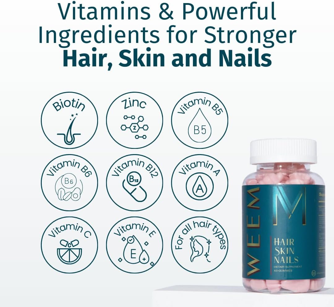 WEEM Hair Skin and Nails Gummies - Supports Healthy Hair - Vegan biotin Vitamins for Women & Men Supports Faster Hair Growth, Stronger Nails, Healthy...