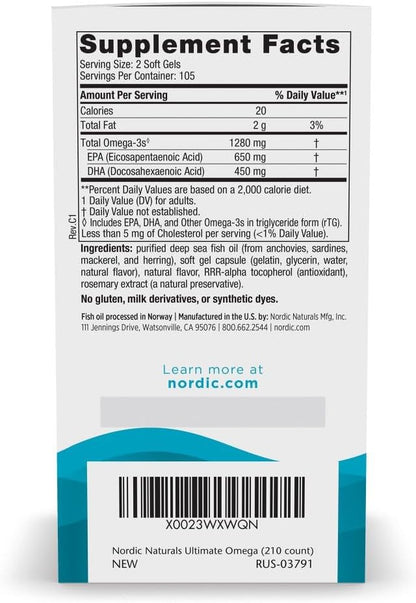 Nordic Naturals Ultimate Omega 1280mg Omega-3 Fish Oil Lemon Flavour 210 Count