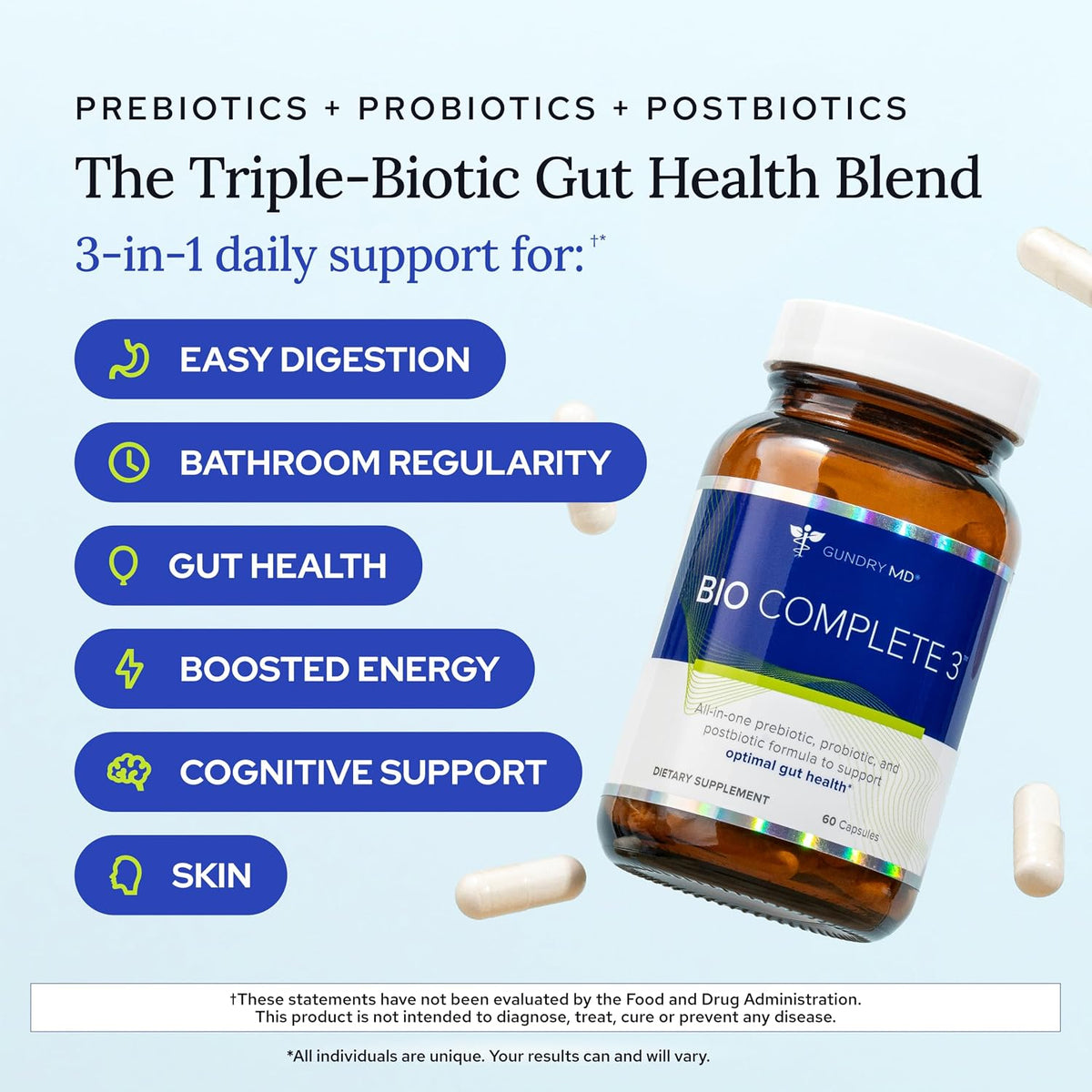 Gundry MD Bio Complete 3, 3-in-1 Probiotics, Pre & Postbiotics, 90 Servings