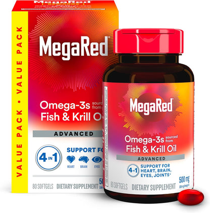 MegaRed Omega 3 Fish Oil & Antarctic Krill Oil Softgels for Brain, Heart, Joints & Eye Support, (80 Count Bottle), Concentrated Omega 3 Fatty Acid...