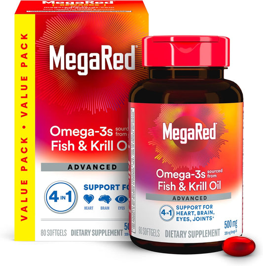 MegaRed Omega 3 Fish Oil & Antarctic Krill Oil Softgels for Brain, Heart, Joints & Eye Support, (80 Count Bottle), Concentrated Omega 3 Fatty Acid...