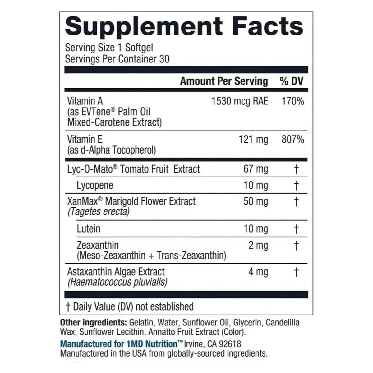 1MD Nutrition Vision MD Eye Vitamin CARMIS Eye Supplement 30 Softgels